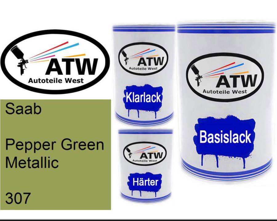 Saab, Pepper Green Metallic, 307: 500ml Lackdose + 500ml Klarlack + 250ml Härter - Set, von ATW Autoteile West.
